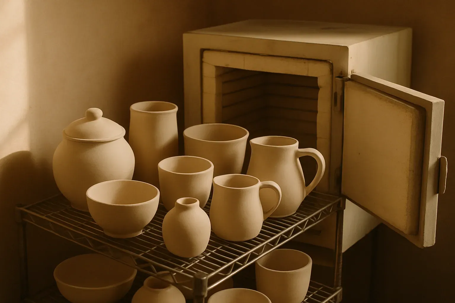 Pale porous bisque-fired pottery cooling on a wire rack beside an electric kiln in a studio